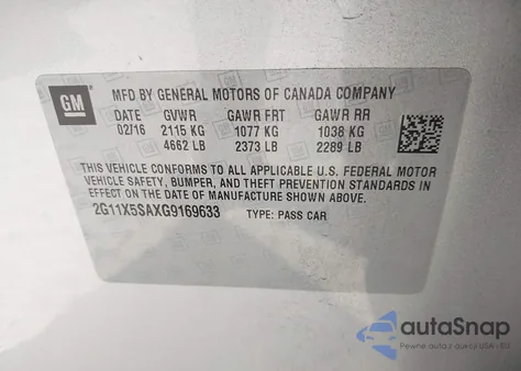 2016 Chevrolet Impala 1Fl из США, поврежденный, VIN 2G11X5SAXG9169633